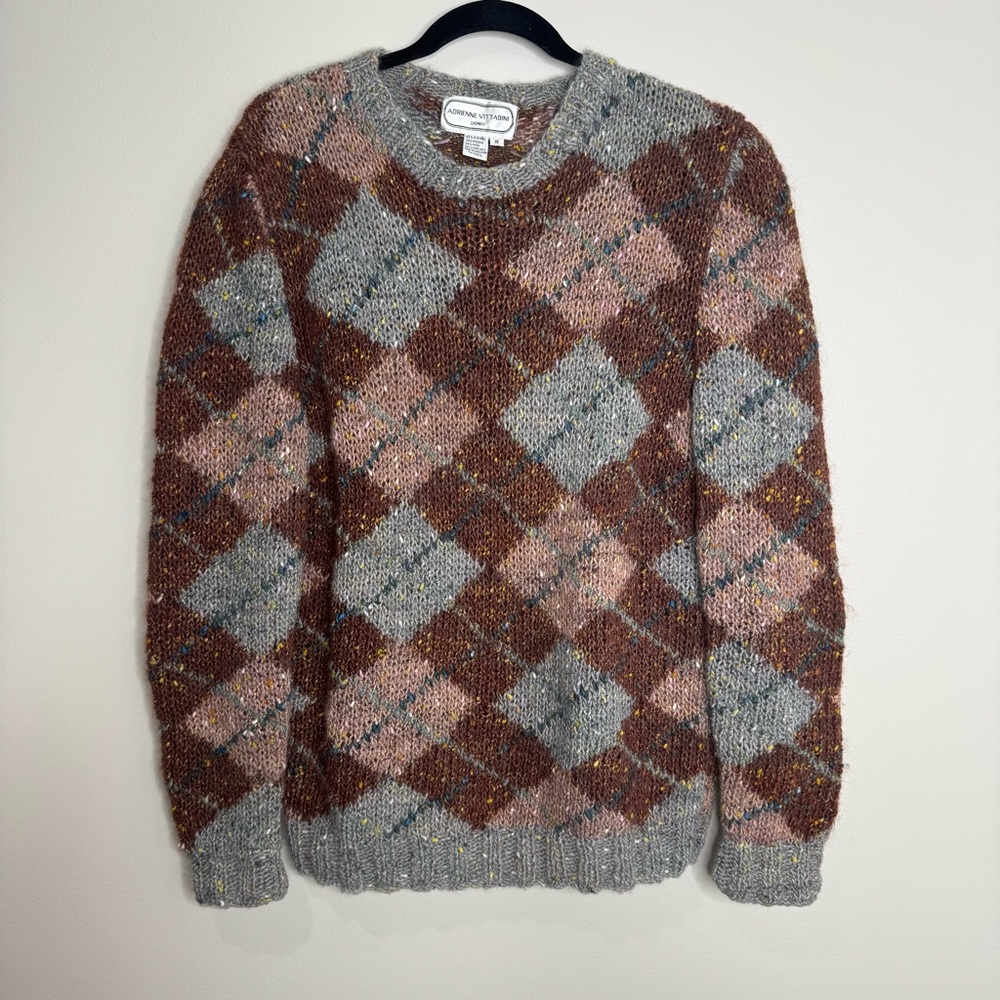 Adrienne Vittadini Uomo Vintage Argyle Wool Mohair Chunky‎ Knit Pullover Sweater
